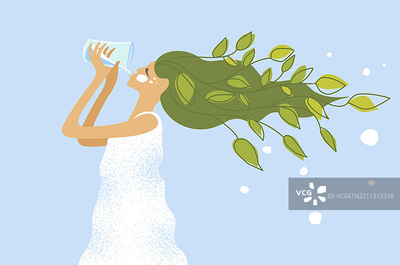 一位拥有绿色头发和叶子的女性正在喝水的插图图片素材