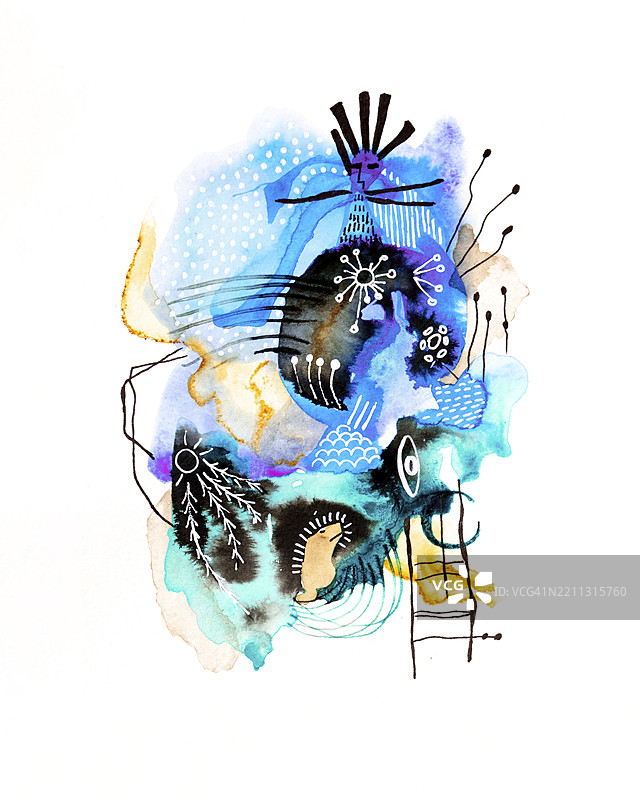 抽象水彩画，明亮的蓝色和绿色斑点，以及受冬季和寒冷启发的墨水细节图片素材