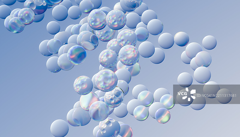天空中漂浮的透明彩色球体的3D渲染图图片素材
