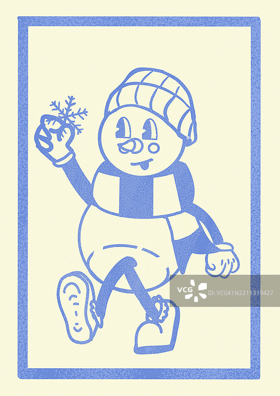复古时尚风格的插图，描绘一个手持雪花的雪人图片素材