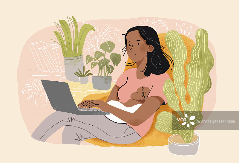 一位女性抱着新生儿在使用笔记本电脑，展现现代母亲的形象图片素材