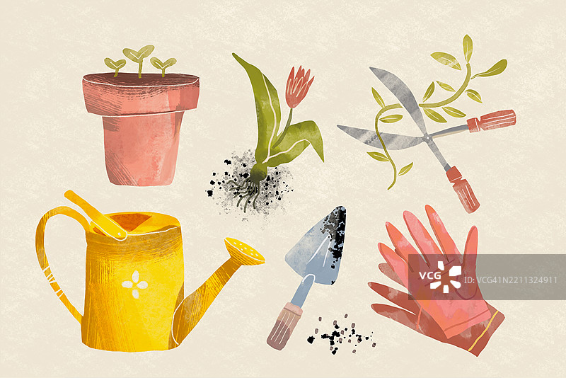 家庭和花园中用于移植和照顾植物的园艺工具插图图片素材