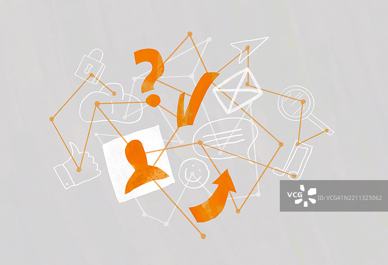 抽象插图，包含橙色和白色的沟通与社交媒体图标图片素材