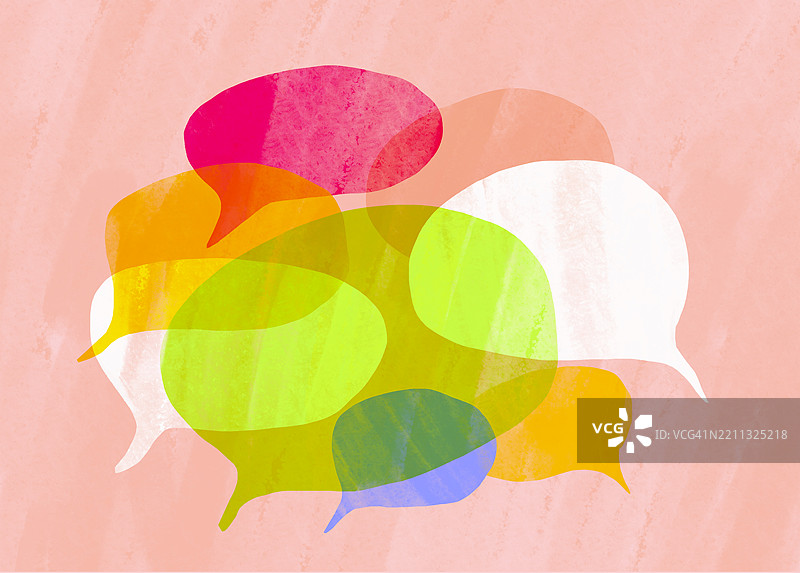 五彩缤纷的对话气泡在明亮的背景上，展示了沟通的主题图片素材