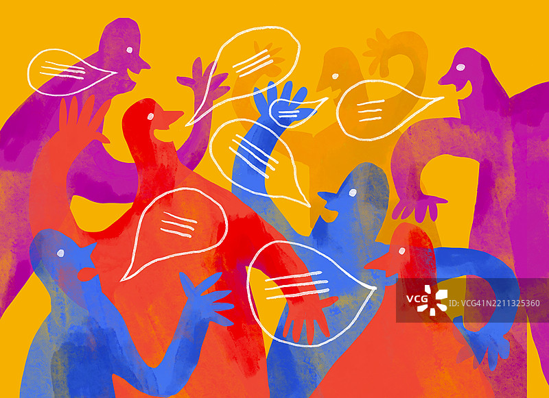 色彩斑斓的抽象插图，展示人们通过言语和对话进行交流与连接图片素材
