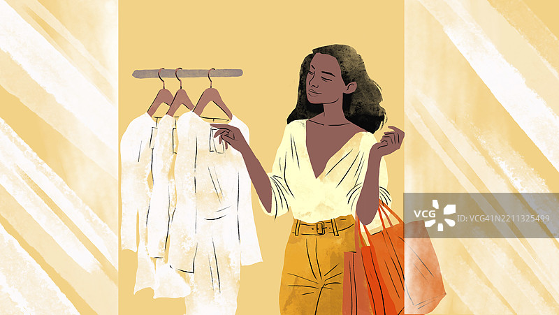 时尚的棕发女性在服装精品店购物的插图图片素材