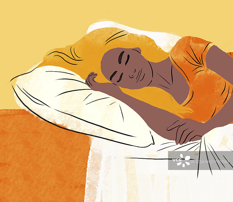 一位女性安静地躺在枕头上，闭着眼睛，安详地入睡。图片素材