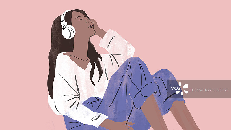 一位棕发女性穿着牛仔裤和白色T恤，戴着耳机享受音乐的插图图片素材