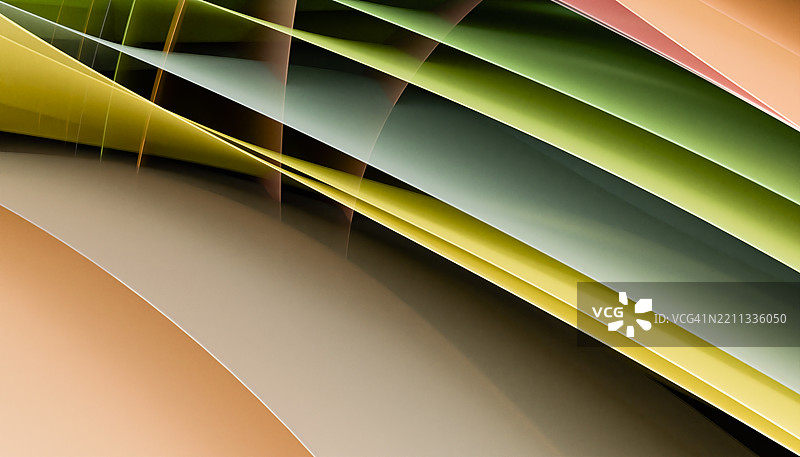 抽象的3D渲染，带有波浪形几何图形，采用绿色、橙色和奶油色的柔和色调图片素材