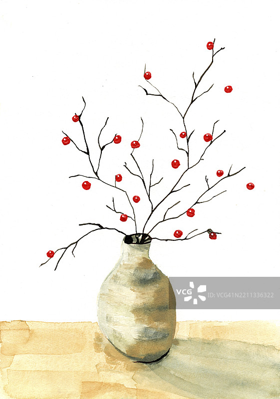 白色背景上的花瓶，里面插着枝条和红色浆果的水彩画图片素材