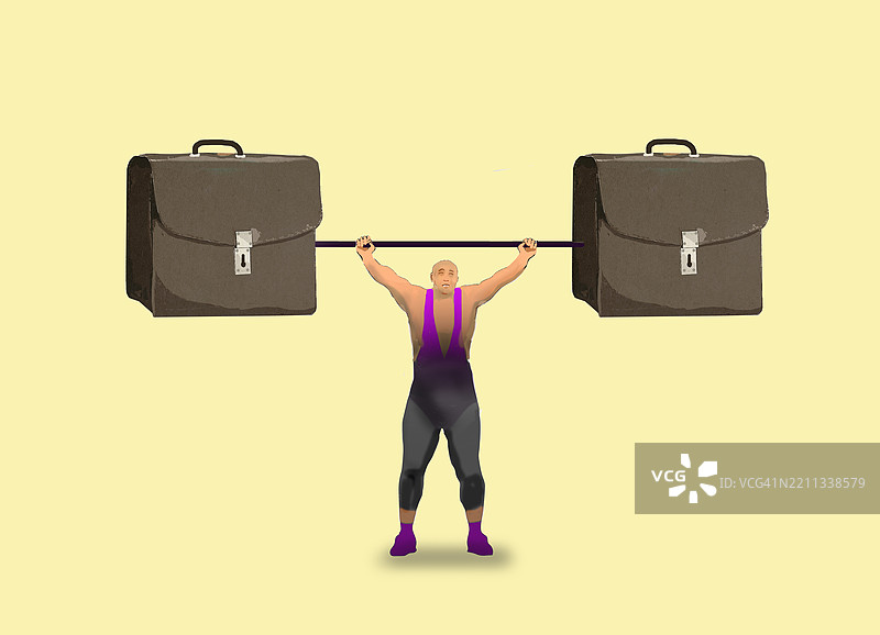 一个人举起象征工作和力量的公文包的插图图片素材