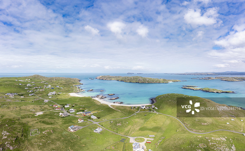 苏格兰哈里斯的巴尔托斯空中视角，白色沙滩和碧蓝海水。图片素材