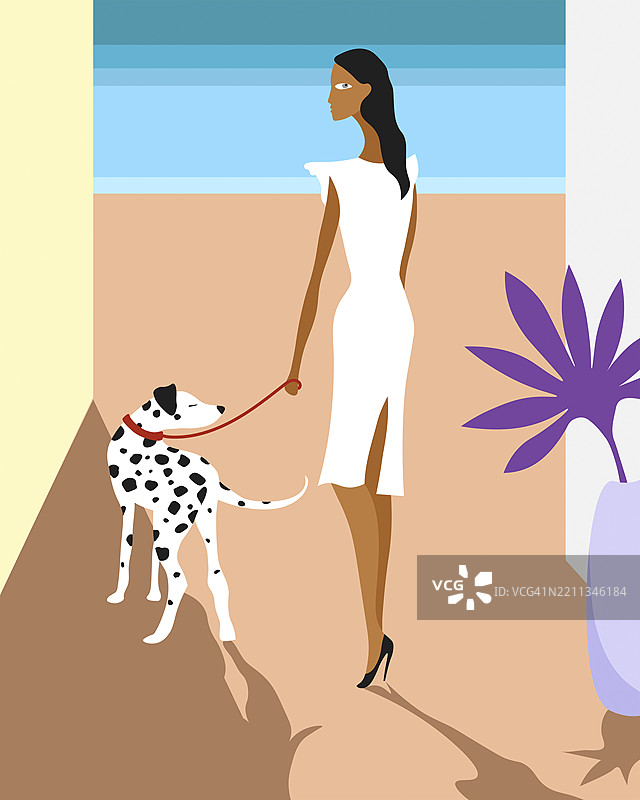 时尚女性在阳光明媚的海滩上遛达尔马提亚犬的插图图片素材