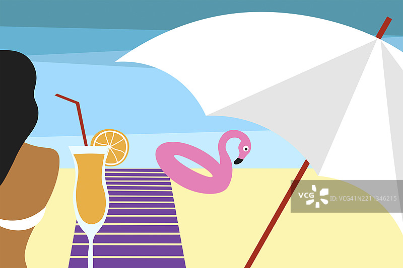 海滩场景插图，配有鸡尾酒、火烈鸟浮筒和伞。图片素材