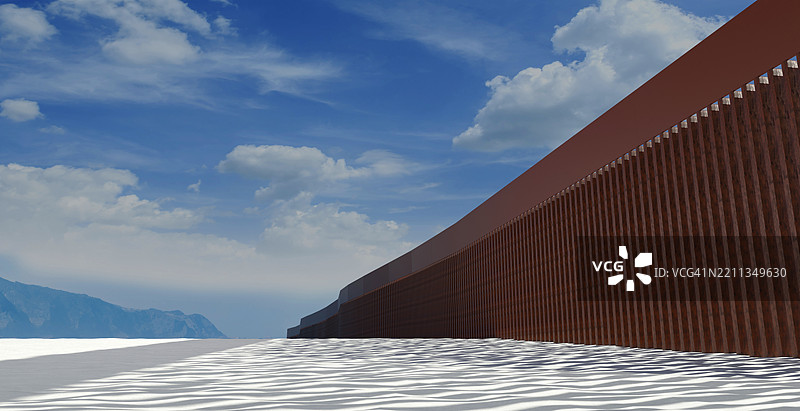 沙漠景观中墨美边界墙的3D插图，天空多云图片素材