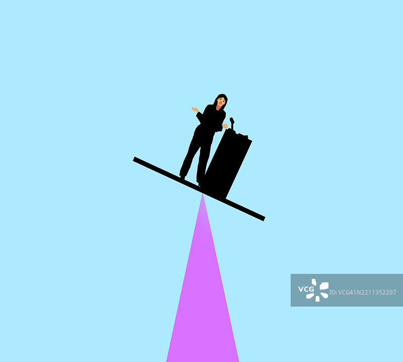 一位女商人在平衡木上发言，象征着风险和不稳定性。图片素材