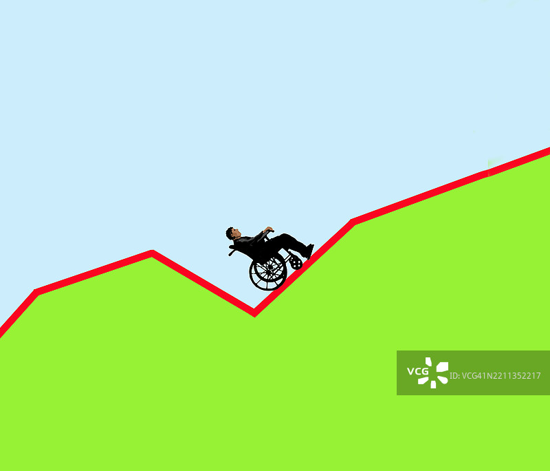 一位坐在轮椅上的人面对象征医疗费用和医疗困难的上坡挑战的插图图片素材