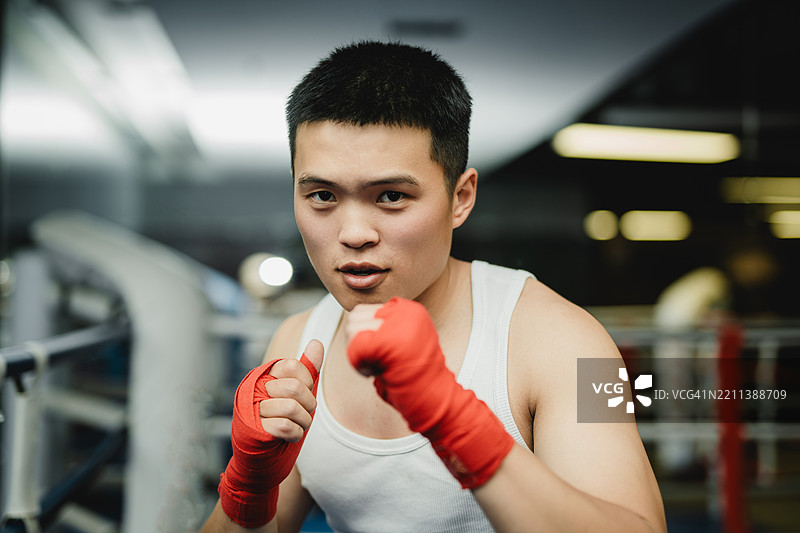 年轻的亚洲拳击手在拳击台上看着镜头图片素材
