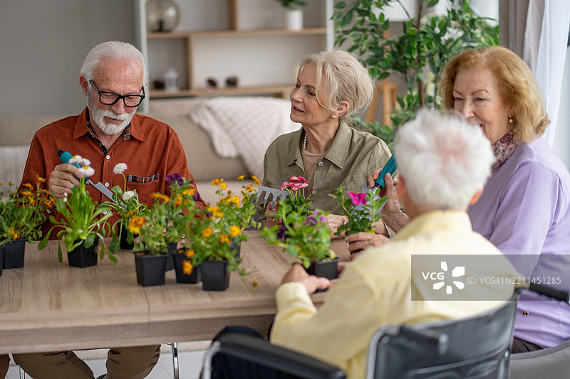 老年人围坐在桌子旁享受园艺乐趣图片素材