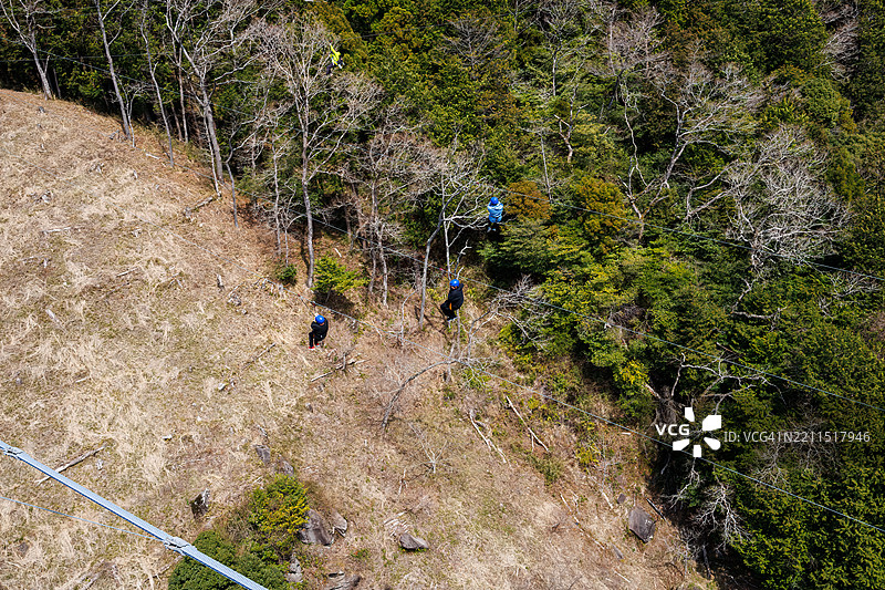 有一条平行的滑索。人们正在体验飞翔的感觉。图片素材