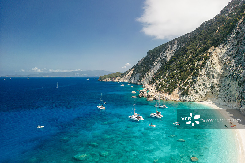 希腊伊萨卡岛上美丽的海湾，停着帆船和双体船图片素材