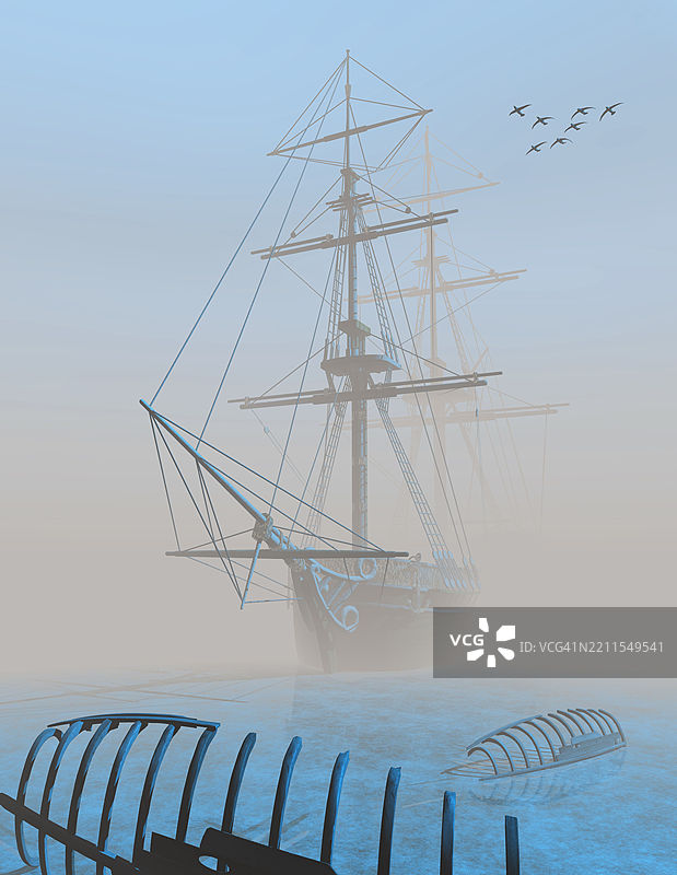 一艘神秘的无人帆船图片素材