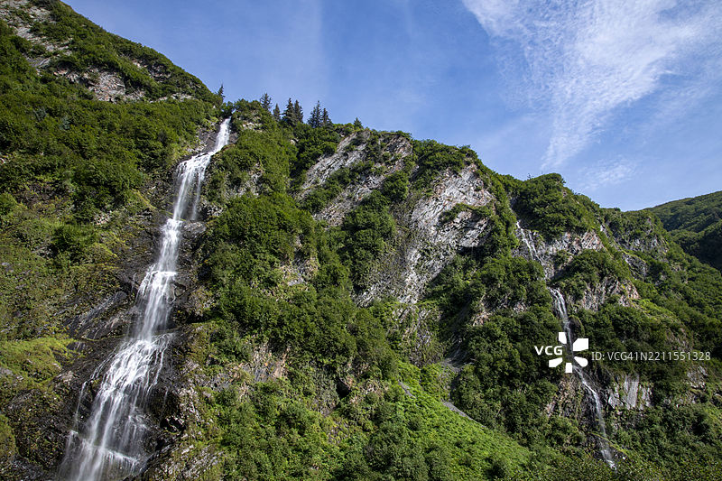 阿拉斯加瓦尔迪兹的新娘面纱瀑布双重瀑布图片素材