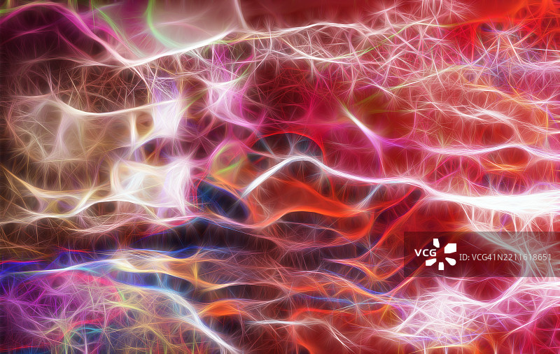 抽象背景，内部是一个互联的光纤电气神经网络正在传输数据。图片素材