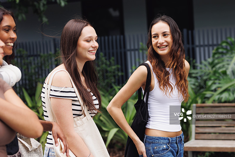 四名大学生在校园内散步，组成多元化的团队图片素材