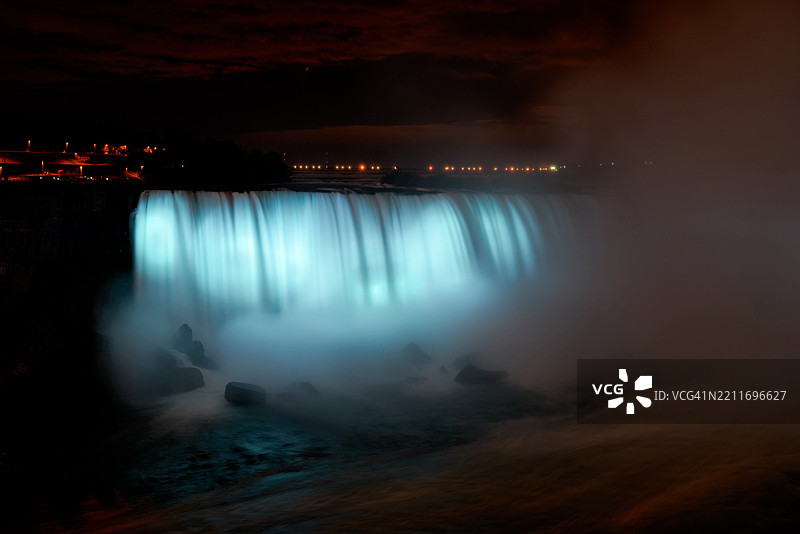 夜晚照亮的加拿大尼亚加拉大瀑布马蹄形瀑布图片素材