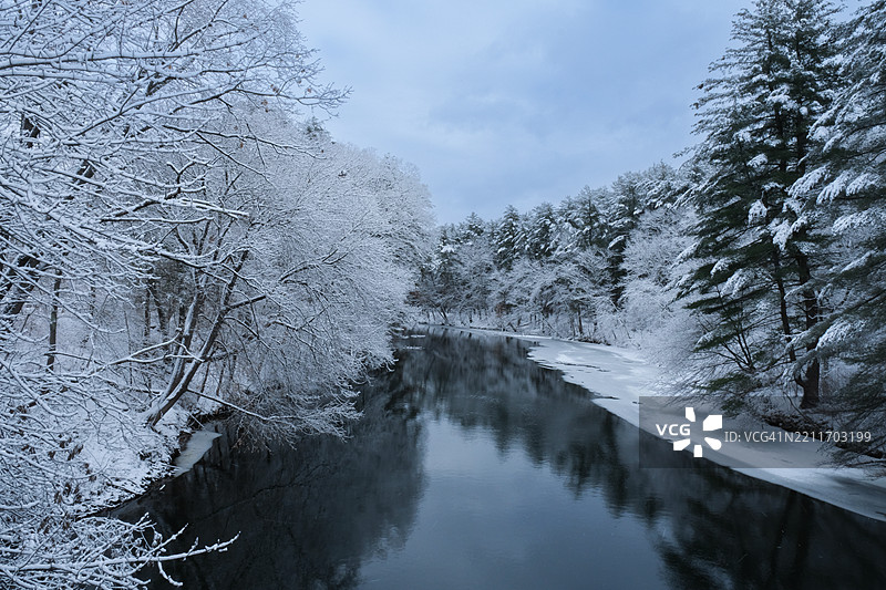 冬季新罕布什尔州纳舒厄的湖泊与天空的美丽景色图片素材