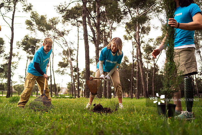 志愿者在公共公园合作，种植树木，改善环境，同时培养社区精神和团队合作。图片素材