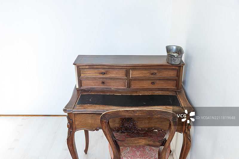 一张古老的复古棕色工作桌，木制桌子配有小抽屉和一把古董椅子，背景是白色墙壁，留有空白空间。图片素材