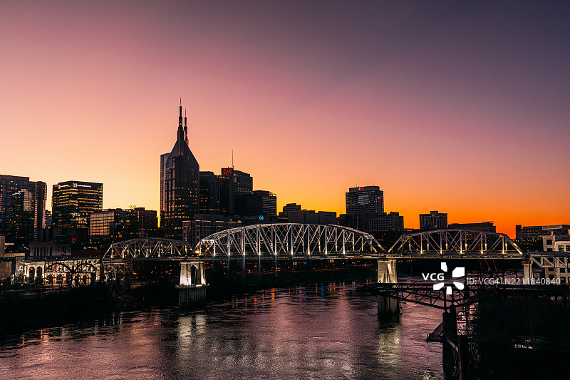 田纳西州纳什维尔市中心的绚丽色彩日落景观图片素材