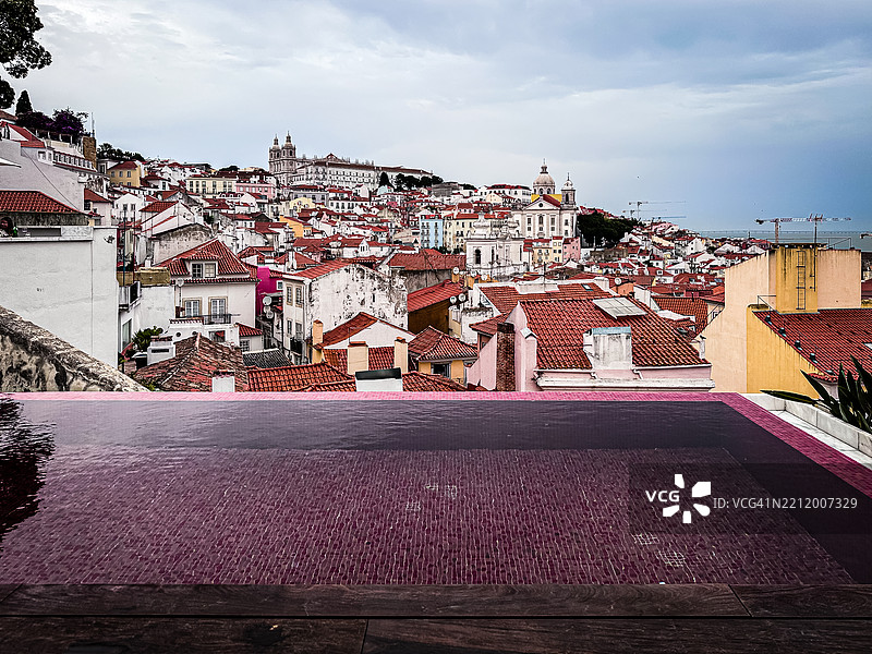 从葡萄牙阿尔法玛区的一家酒店露台俯瞰圣文森特修道院和教堂以及里斯本。图片素材