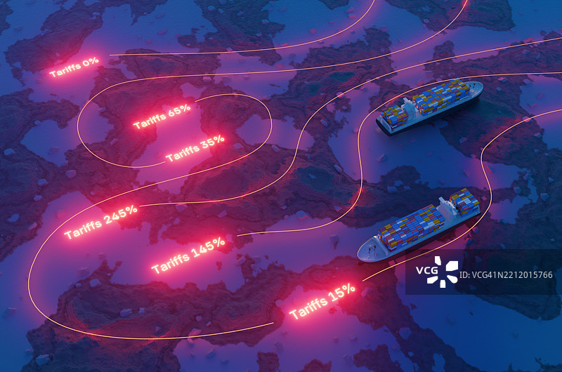 集装箱船和物流路线与不同百分比的经济关税。图片素材