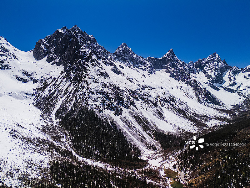 一幅壮观的景象，尖锐而锯齿状的雪山峰耸立在宽广的森林山谷上，映衬着生机勃勃的蓝天。图片素材