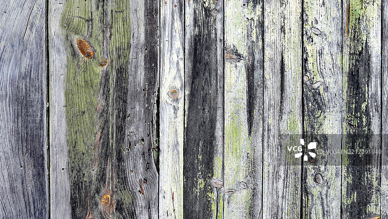 灰色和黑色的木板墙，涂有风化和剥落的绿色油漆。粗糙的纹理。葡萄牙杜罗河谷的平豪。图片素材