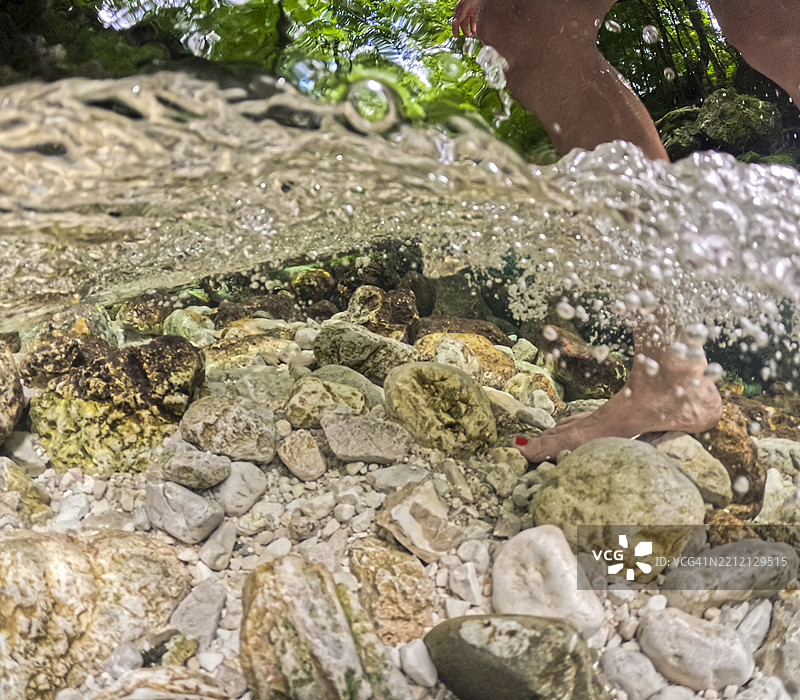 腿部在清澈的泉水中走过光滑的白色石头的分屏视图图片素材