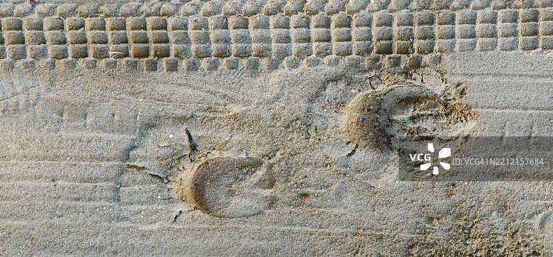 沙滩上马和车的足迹。图片素材