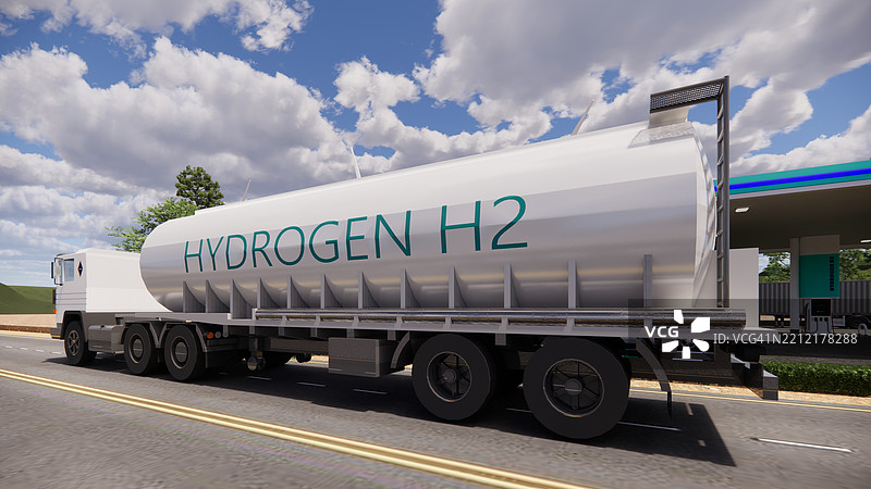 3D渲染工厂绿色氢气罐施工现场。可再生清洁氢气储存罐。净零概念。图片素材