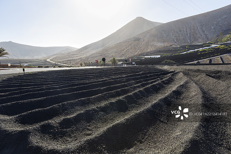 田野，黑色火山灰，皮孔，熔岩砾石，火山山脉，逆光，乌加，亚伊萨，兰萨罗特，卡纳利群岛，西班牙，欧洲图片素材