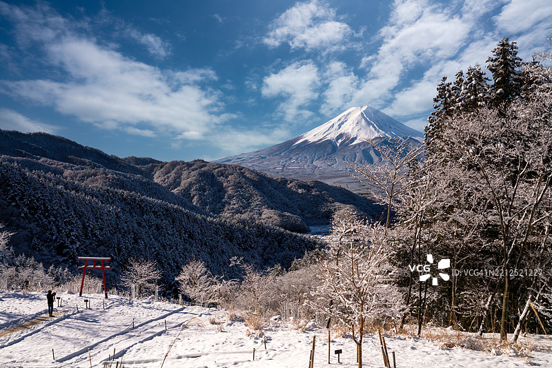 日本山梨 - 2024年2月26日：红色日本鸟居、富士山和河口湖的雪景图片素材