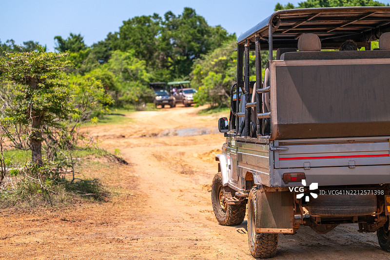 荒野中泥土路上的野生动物园吉普车图片素材