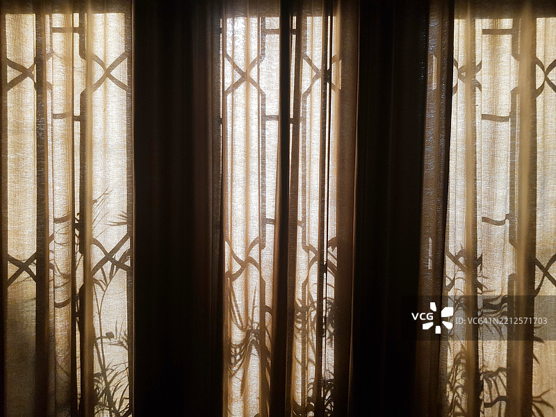 窗帘遮住的窗户和窗帘上植物的影子。图片素材