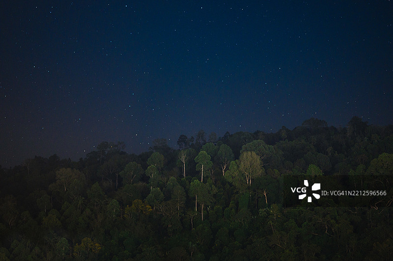 亚洲山脉和热带森林上空的星空与银河图片素材