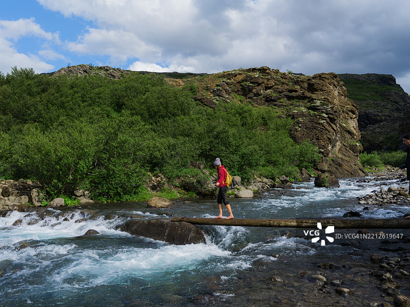 在冰岛徒步旅行时，女性正在过河图片素材