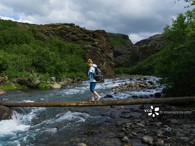 在冰岛徒步旅行时，女性正在过河图片素材