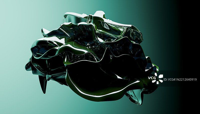 抽象的金属绿色雕塑，流畅的曲线与渐变背景相结合。Blender 3D 插图图片素材