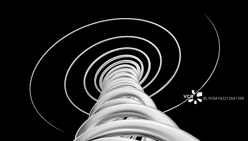 白色螺旋结构在黑色背景上向上延伸，类似于抽象的龙卷风。Blender 3D 插图图片素材